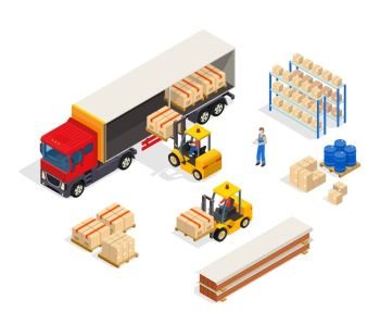 Warehouse Vehicular Loading Composition. Warehouse truck isometric composition with manipulator carts loading boxes into lorry with freight handler human characters vector illustration