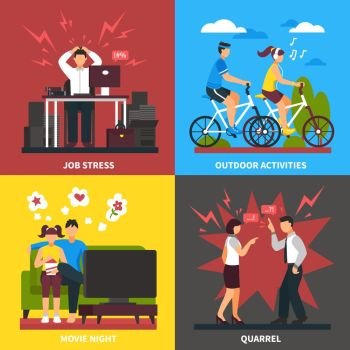 Stress And Relaxation Flat Design Concept. Stress and relaxation flat design concept with job tension quarrel outdoor activities and movie isolated vector illustration