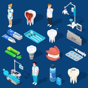 Dental Work Elements Set. Isometric dentist icons collection with isolated medical personnel characters dental care supplies drilling machines and equipment vector illustration