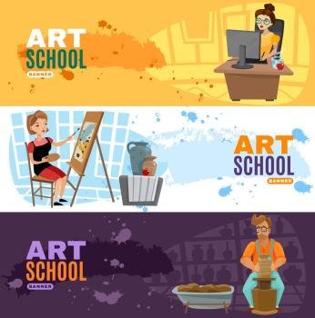 Art School Banners Set. Three online art school horizontal banners set with cartoon designer painter and sculptor characters vector illustration