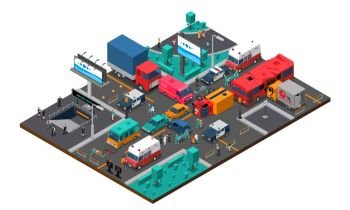 Accident On Crossroad Isometric Illustration. Accident on crossroad design with truck bus cars bicycle police and ambulance injured people isometric vector illustration