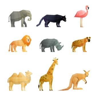 Southern Wild Animals Polygonal Icons Set. Southern wild animals polygonal icons set with giraffe kangaroo lion camel and pink flamingo isolated vector illustration 