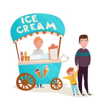 Kid Near Ice Cream Seller Cartoon. Little boy asking father to buy icecream near ice cream street seller wagon cartoon characters vector illustration  