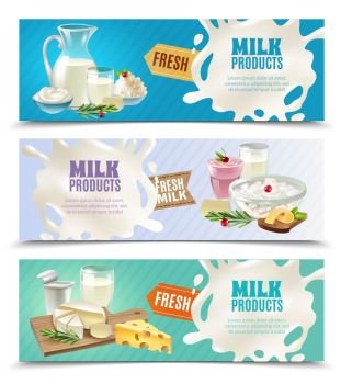 Dairy Products Horizontal Banners Set. Dairy products horizontal banners set with milk and ice cream cartoon isolated vector illustration