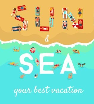 Summer Beach Vacation Flat Poster. Summer sea beach vacation flat advertising poster with sunbathing diving and swimming people vector illustration 