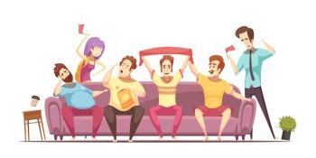 Sedentary Lifestyle Retro Cartoon Design. Sedentary lifestyle retro cartoon design with excited fans and fat persons on sofa during broadcasting vector illustration