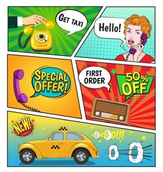 Advertising Of Taxi Comic Book Page. Advertising of taxi service comic book page including speech bubbles discounts, woman with phone, radio vector illustration 