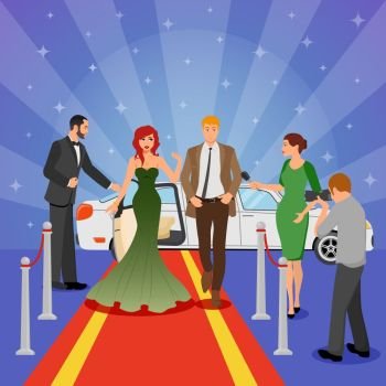 Celebrity Design Composition. Celebrity design composition with young woman in evening dress on red carpet white limousine and interviewing journalists flat vector illustration