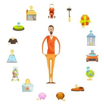 Family Budget Round Composition. Family budget composition of full length male character with empty pockets surrounded by valuable things circle vector illustration