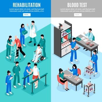 Hospital Vertical Isomeric Banners Set. Hospital vertical isometric banners set with lab blood test and rehabilitation center patients treatment isolated vector illustrations 