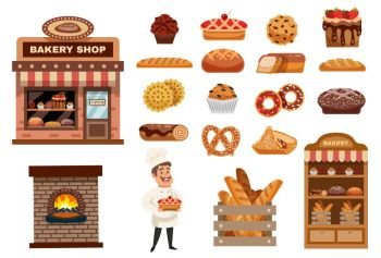 Bakery Icons Set . Bakery icons set with cook figurine bakery shop and baked goods collection flat isolated vector illustration 