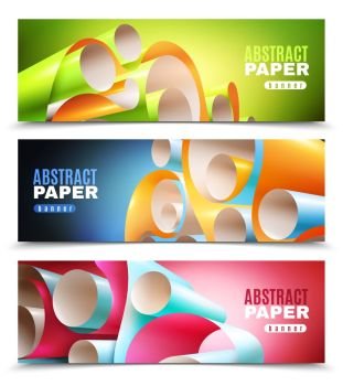 Paper Roll Banners Set. Three horizontal abstract banners set with bright colorful blank paper rolls isolated on white background 3d realistic vector illustration