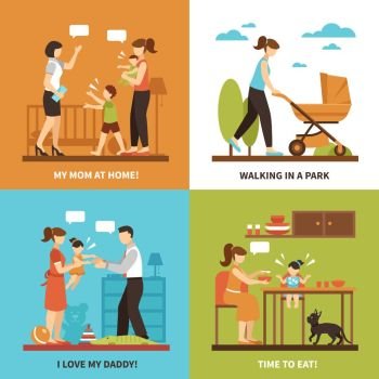 Nanny Concept Icons Set . Nanny concept icons set with children and walking symbols flat isolated vector illustration 