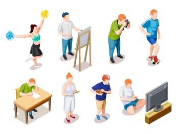 Teenager Hobbies Characters Collection. Teenager hobby free time lifestyle kids set of isolated children faceless characters during different leisure activities vector illustration 
