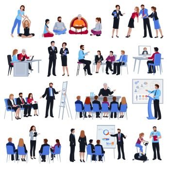 Coaching Mentoring Discipleship  Flat Icons Set . Professional business life and sport coaching spiritual expert adviser mentoring concept flat icons collection isolated vector illustration 