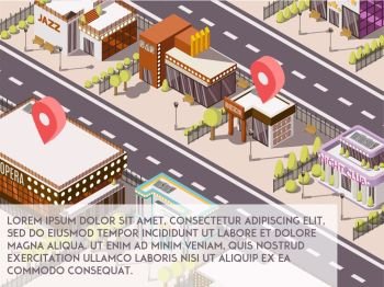 Entertainment Places in City Set. Entertainment places in city isometric set with theatre and cinema vector illustration