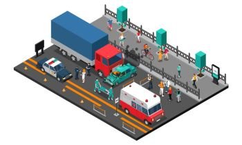 Road Crash Isometric Illustration. Road crash design with truck and car police and ambulance injured persons on stretcher  isometric vector illustration 