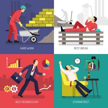 Tired Worker Design Concept. Design concept with tired worker after hard labor and rest after busy business day isolated vector illustration 