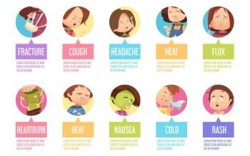 Cartoon Sickness Child Icon Set. Isolated in circles cartoon sikness child icon set with fracture cough headache heat flux heartburn and others descriptions vector illustration