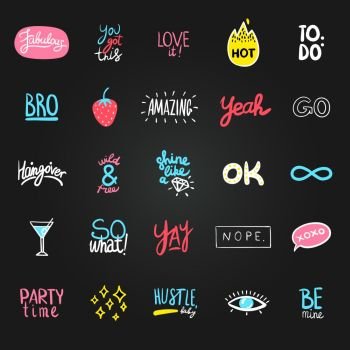 Flat Chalkboard Stickies Set. Chalkboard stickers set of twenty five isolated colorful labels with party symbols signs and decorative text vector illustration
