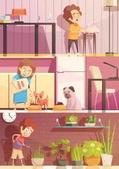Kids Cleaning Cartoon Banners Set. Kids feeding pets watering plants and cleaning rooms 3 horizontal retro cartoon banners set isolated vector illustration 