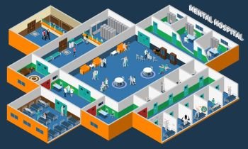 Mental Hospital Isometric Interior. Mental hospital isometric interior with office patients and staff common rooms and separate wards vector illustration 