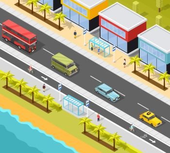 Resort City Transport Background. Transport conceptual composition of resort town beach scenery and road with bus stops and different vehicles vector illustration