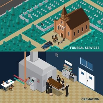 Funeral Services Isometric Banners . Funeral services isometric horizontal banners with people carrying coffin from church and cremation isolated vector illustration