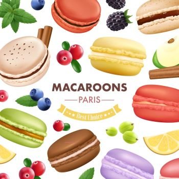 Sweet Macaroon Goods Background. Macaroon composition with isolated almond cookies mint fruits and berries images of different colour with text vector illustration