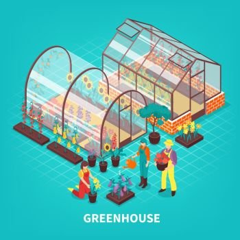Greenhouse Isometric Composition. Colored greenhouse isometric composition with gardeners workers who are looking after plants vector illustration