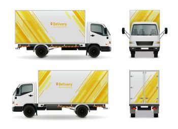 Realistic Cargo Vehicle Advertising Mockup Design. Realistic cargo vehicle advertising mockup design in yellow white color side view, front and rear vector illustration