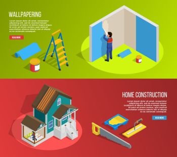Renovation Isometric Banners Set. Renovation isometric horizontal banners set with home construction symbols isolated vector illustration