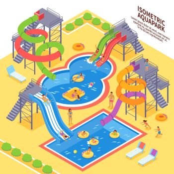 Aqua Park Illustration. Aqua park and swimming with people and chaise lounges isometric vector illustration 