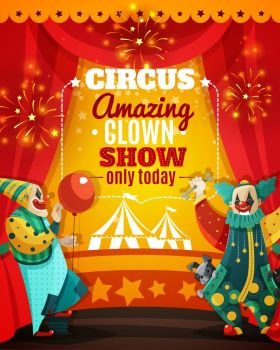 Circus Amazing Clown Show Announcement Poster. Travel circus amazing show announcement colorful poster with vintage marquee tent and funny clowns vector illustration
