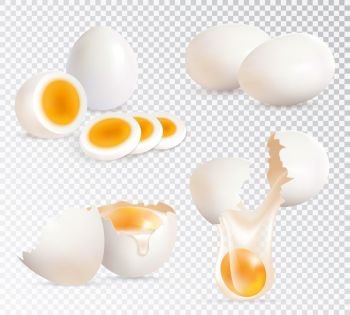Eggs Realistic Set. Realistic set of hard boiled and uncooked eggs isolated on transparent background vector illustration