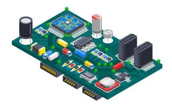 Circuit Board Isometric Concept. Semiconductor electronic circuit board isometric composition with silicon chips and cargo trucks driving on wire tracks vector illustration