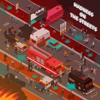 Street War Isometric Illustration. Street war with burning cars and fighting people fire service and police isometric vector illustration