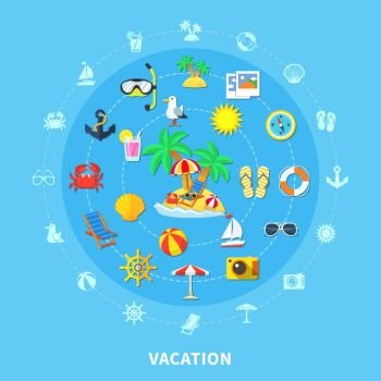 Summer Travel Icons Composition. Vacation travel flat round composition of isolated emoji style summer holiday activity symbols and silhouette pictograms vector illustration