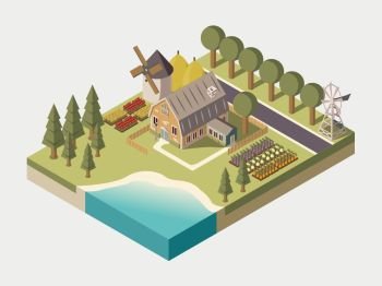 Farmhouse Isometric Illustration . Farmhouse with track windmill garden beds and trees stacks of hay lake and road isometric vector illustration 