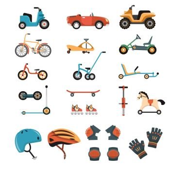 Ride-On Toys Elements Collection. Child safety body protection sport equipment protective isolated images set with playcars bicycles kneecaps and helmets vector illustration