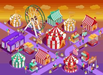 Amusement Park Circus Attractions Isometric Illustration. Amusement park circus attractions isometric poster with classic striped tents and observation wheel late evening vector illustration 