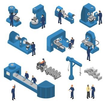 Machine Tools With Workers Isometric Set. Isometric set of workers near machine tools with computer technologies including crane and loader isolated vector illustration