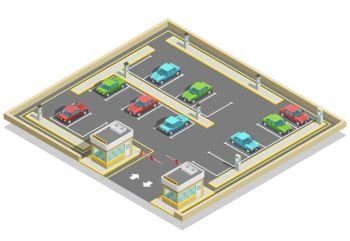 Parking Zone Isometric Location. Parking zone isometric location with colorful cars many lots and access control vector illustration
