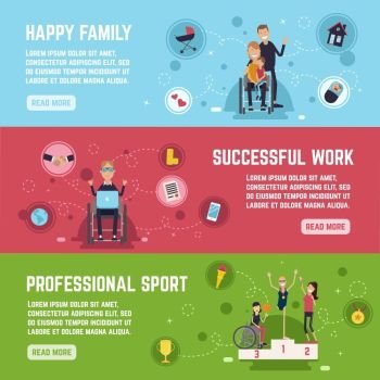 Disabled People Banners Set. Disabled people horizontal banners set with professional sport symbols flat isolated vector illustration