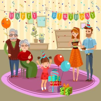 Family Birthday Home Celebration Cartoon  Illustration. Little girl birthday family celebration with parents grandparents and simple home decorations cartoon old style vector illustration 