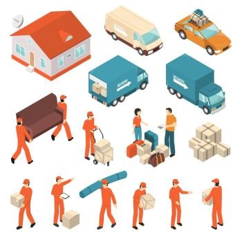 Moving Company Service Isometric Icons Set . Moving company professional packing transportation unloading and delivery certified service isometric icons collection isolated vector illustration 