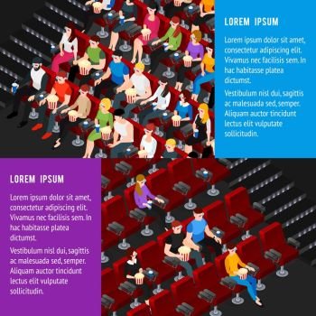 Cinema Banners Set. Cinema hall horizontal isometric banners set with men and women isolated vector illustration