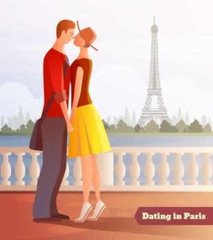 Dating In Paris Background. Romantic dinner dating couples flat composition with human characters on river bank and Eiffel tower view vector illustration