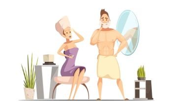 Hair Removal Depilation Family Cartoon Illustration. Married couple hygienic hair removal procedure in family bathroom together with wet shaving man cartoon vector illustration 