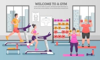 Fitness Colored Composition. Fitness colored composition with people in the gym and having to work out vector illustration